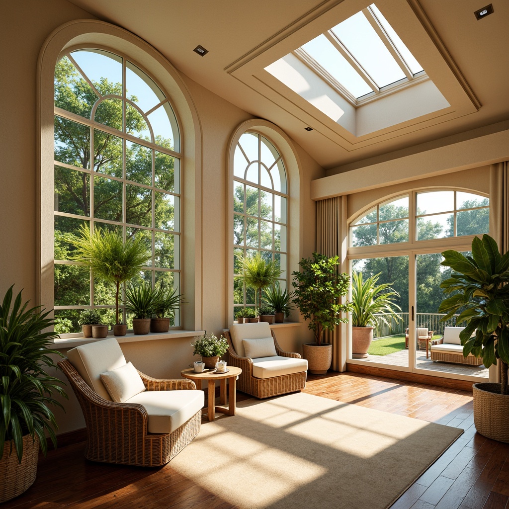 Prompt: Vibrant sunroom, Expressionism style, abundant natural light, large skylights, clerestory windows, sliding glass doors, minimal obstruction, airy atmosphere, curved lines, organic shapes, earthy tones, warm beige walls, polished wooden floors, lush greenery, potted plants, wicker furniture, soft cushions, billowy curtains, morning sunlight, gentle shadows, 1/1 composition, realistic textures, subtle color grading, shallow depth of field.