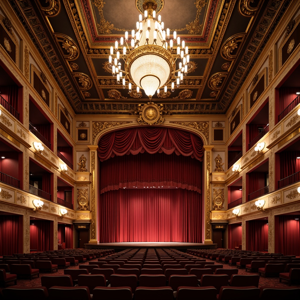 Prompt: Grand auditorium, ornate chandeliers, rich red velvet curtains, golden accents, intricately carved wooden panels, plush seating areas, majestic stage, traditional proscenium arch, opulent drapery, luxurious fabrics, warm soft lighting, dramatic spotlights, 1/2 composition, shallow depth of field, realistic textures, ambient occlusion.