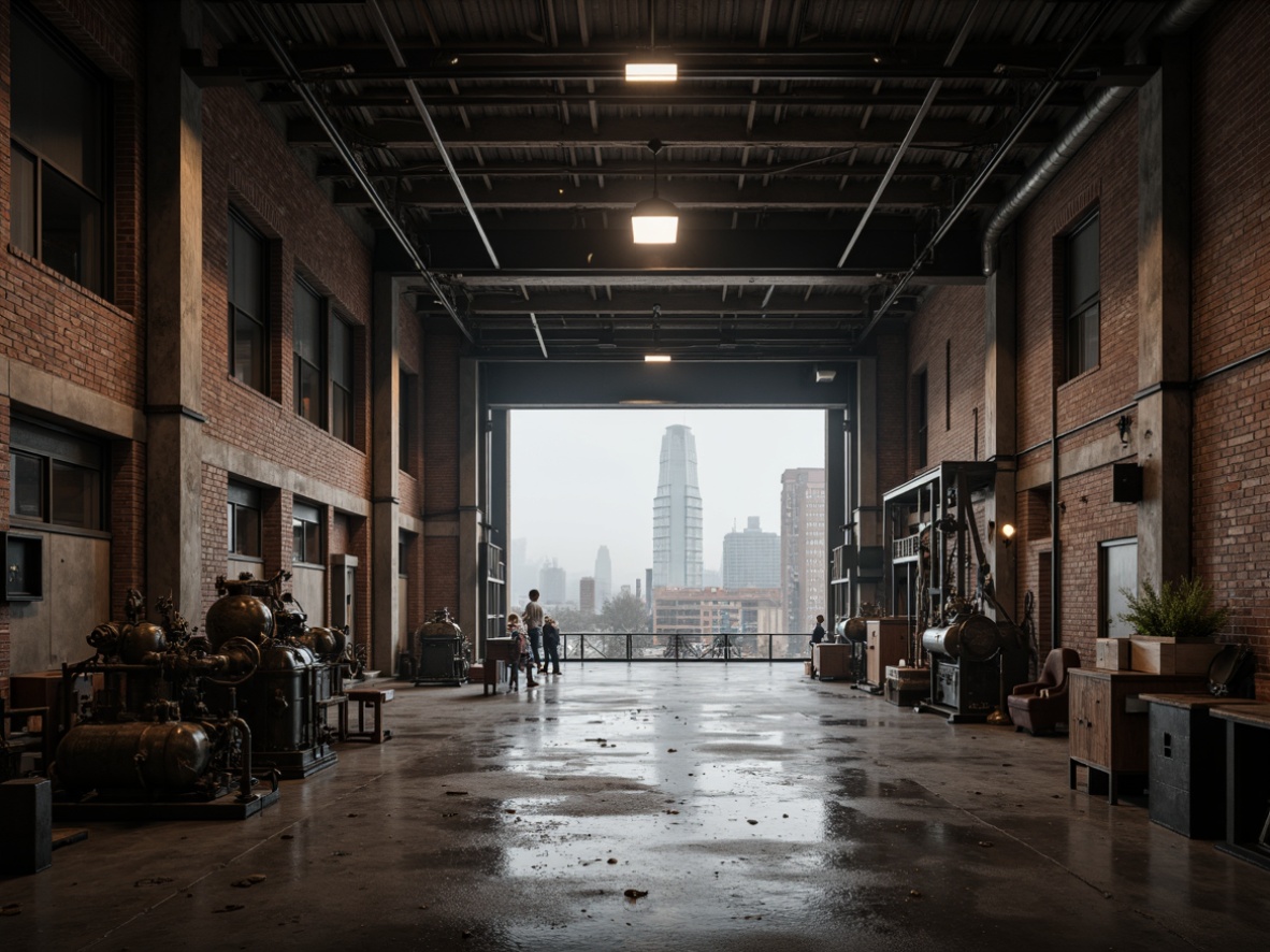 Prompt: Industrial factory setting, exposed brick walls, concrete floors, metal beams, industrial pipes, minimalist decor, functional lighting, urban atmosphere, abandoned feel, distressed textures, worn-out machinery, vintage factory equipment, rusty metal accents, raw unfinished ceilings, brutalist architecture, open spaces, natural light pouring in, urban cityscape views, foggy misty mornings, high contrast dramatic lighting, 1/2 composition, cinematic mood, realistic render.