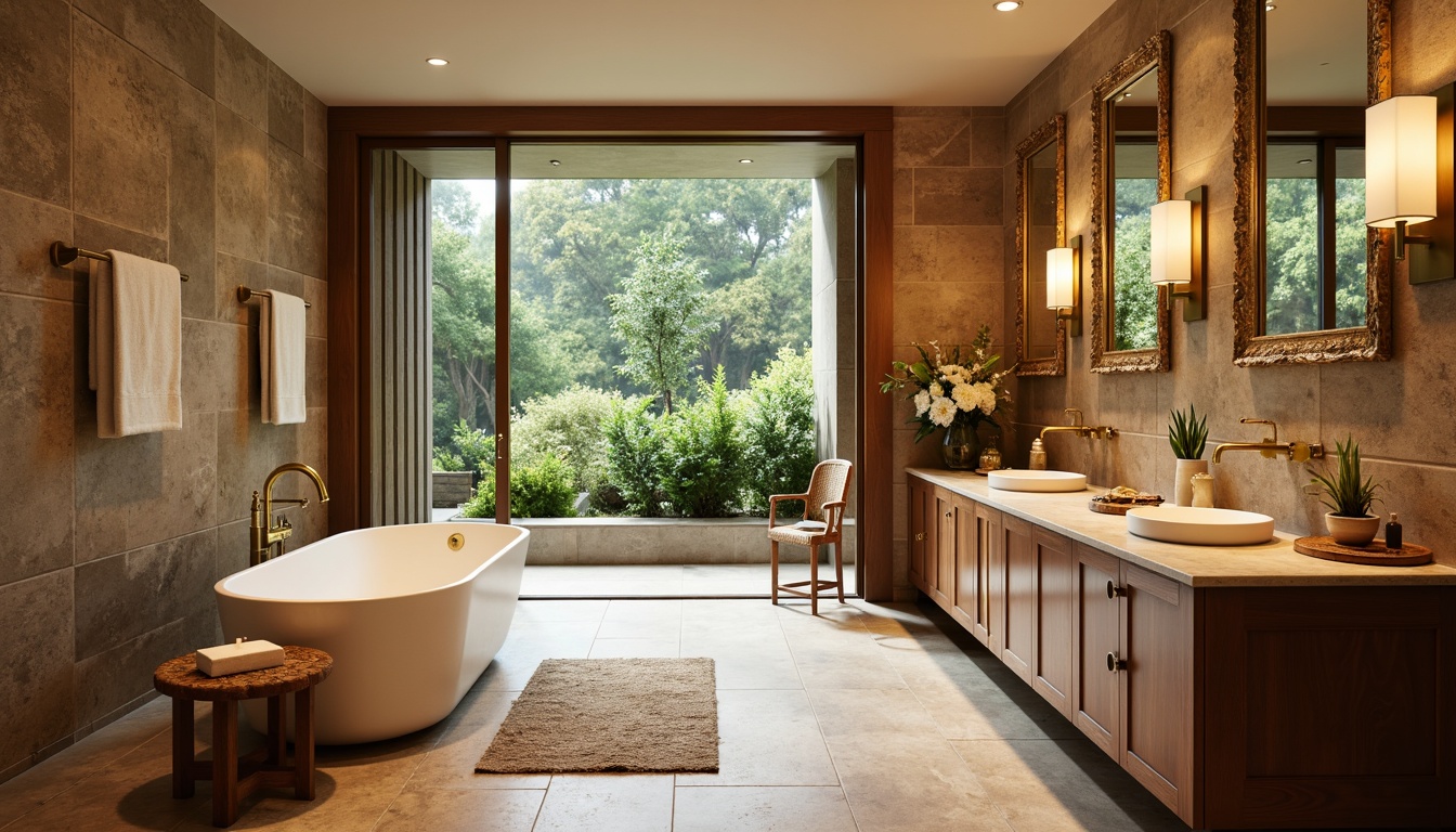 Prompt: Luxurious bathroom, freestanding tub, warm brown stone walls, elegant fixtures, gold accents, ornate mirrors, soft cream lighting, natural textures, earthy tones, spa-inspired ambiance, serene atmosphere, floor-to-ceiling windows, lush greenery views, wooden cabinetry, marble countertops, polished chrome hardware, minimalist decor, warm beige flooring.