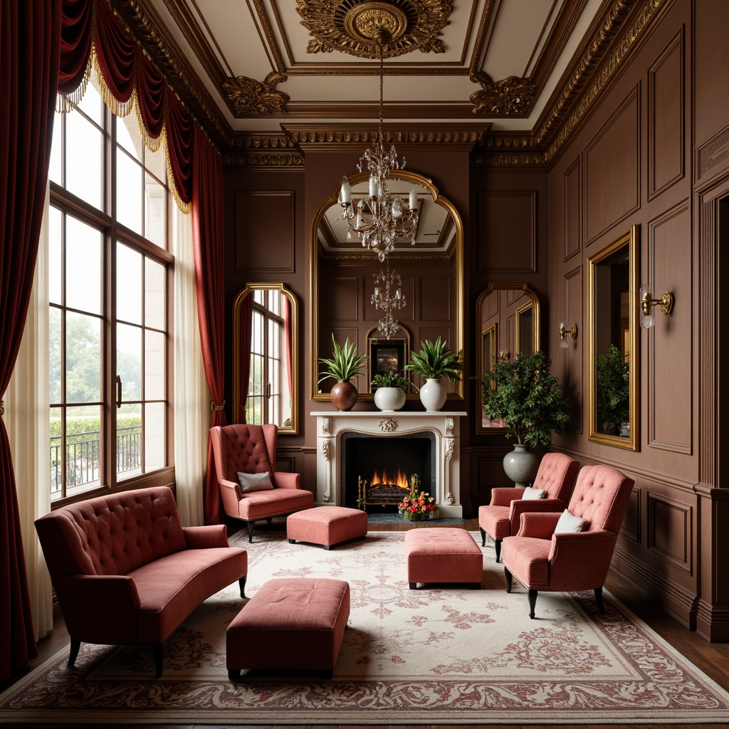 Prompt: Richly upholstered armchairs, ornate wooden frames, carved mahogany legs, velvet drapes, golden tassels, crystal chandeliers, intricate moldings, marble fireplaces, tufted ottomans, antique vases, elegant console tables, refined silk fabrics, subtle embroidery patterns, soft warm lighting, shallow depth of field, 1/1 composition, realistic textures, ambient occlusion.