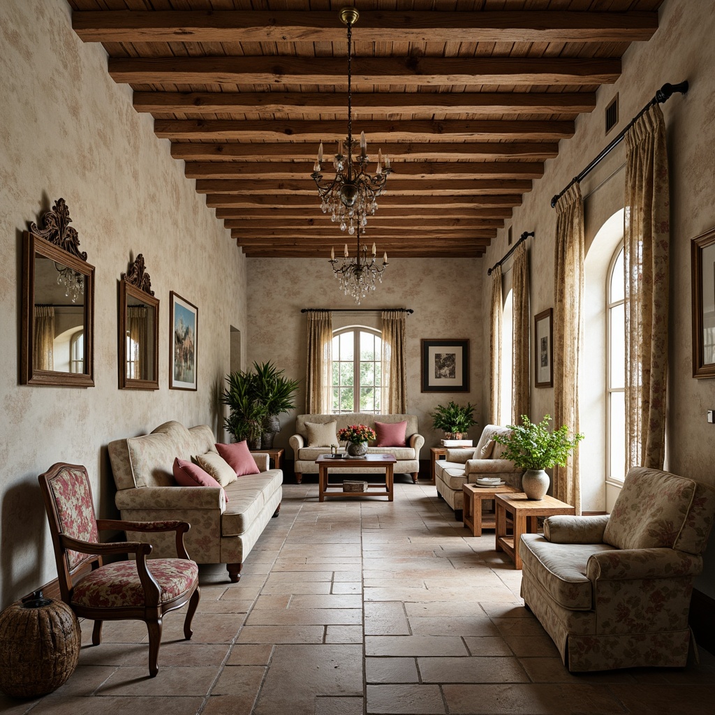 Prompt: Rustic French country interior, distressed wood beams, stone flooring, textured walls, soft warm lighting, vintage furniture, floral patterns, pastel colors, lace curtains, ornate mirrors, rich fabrics, velvety sofas, wooden accents, earthy tones, natural materials, elegant chandeliers, classic archways, cozy nooks, inviting atmosphere, 1/2 composition, shallow depth of field, warm color palette.