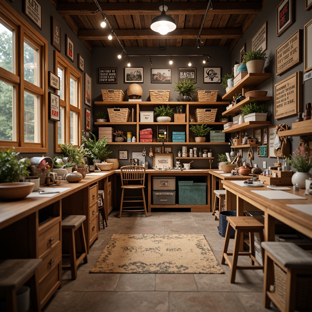 Prompt: Cozy craft room, wooden workbenches, organized storage units, colorful fabric bins, wooden shelving, metal cabinets, creative lighting, inspirational quotes, comfortable seating areas, woven baskets, natural wood accents, earthy color palette, warm ambient lighting, shallow depth of field, 1/1 composition, realistic textures, soft focus effect.