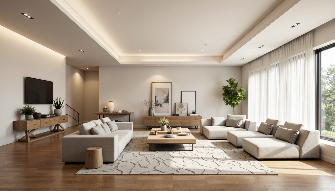 Prompt: Modern living room, sleek minimalist decor, creamy white walls, polished hardwood floors, spacious open layout, optimized furniture arrangement, flowing traffic path, comfortable seating areas, plush sofas, low-profile coffee tables, geometric-patterned rugs, warm ambient lighting, subtle color palette, 1/1 composition, shallow depth of field, realistic textures.