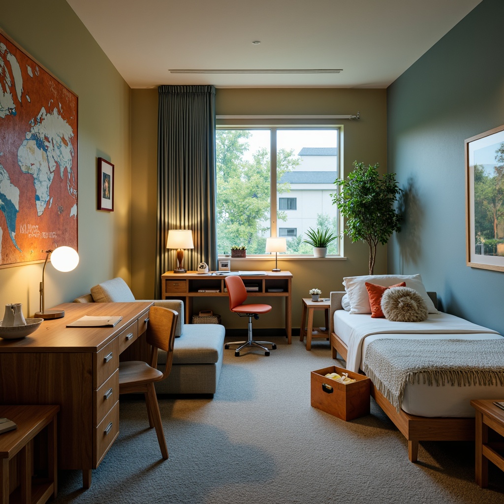 Prompt: Cozy dorm rooms, calming color schemes, soothing blues, muted greens, warm neutrals, earthy tones, comfortable furniture, plush carpets, natural wood accents, ample storage spaces, modern desk lamps, relaxing ambient lighting, soft shadows, 3/4 composition, serene atmosphere, vibrant student artwork, eclectic decor styles, lively social areas, communal kitchenettes, sleek appliances, collaborative study zones.