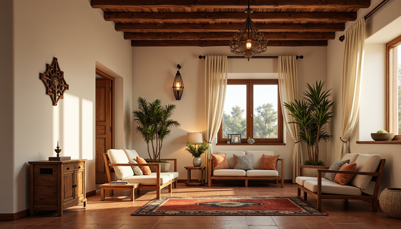 Prompt: Warm Mediterranean interior, soft natural light, creamy white walls, rustic wooden beams, terracotta flooring, earthy color palette, ornate metal lanterns, warm glow LED lighting, cozy candlelight, ambient table lamps, decorative pendant lights, distressed wood accents, vintage Moroccan tiles, plush textiles, comfortable seating areas, shallow depth of field, 1/1 composition, realistic reflections, warm color temperature.