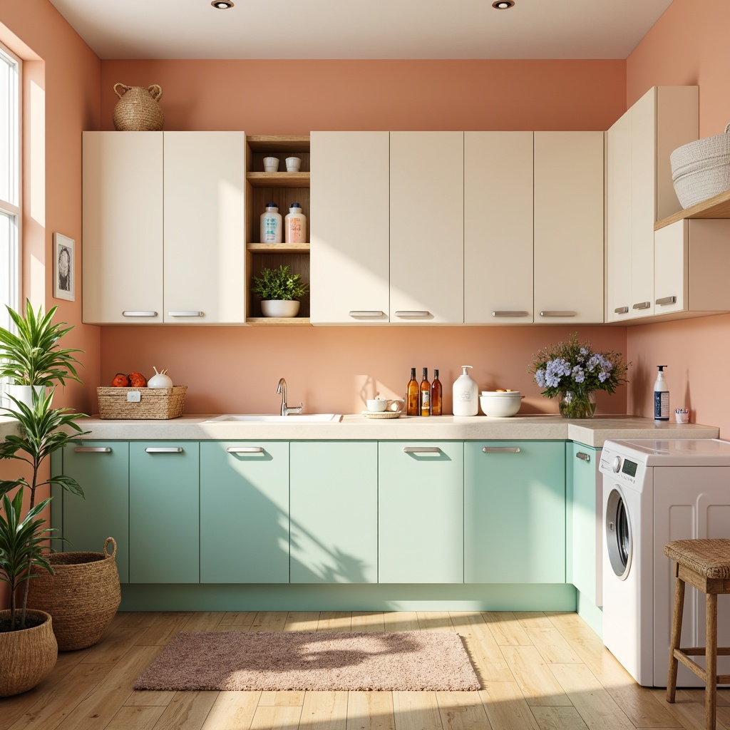 Prompt: Vibrant laundry room, mid-century modern style, pastel color palette, soft peach walls, creamy white cabinets, turquoise accents, warm beige flooring, natural wood textures, retro-inspired decor, sleek chrome fixtures, minimal ornamentation, ample natural light, airy feel, shallow depth of field, 1/1 composition, realistic render.