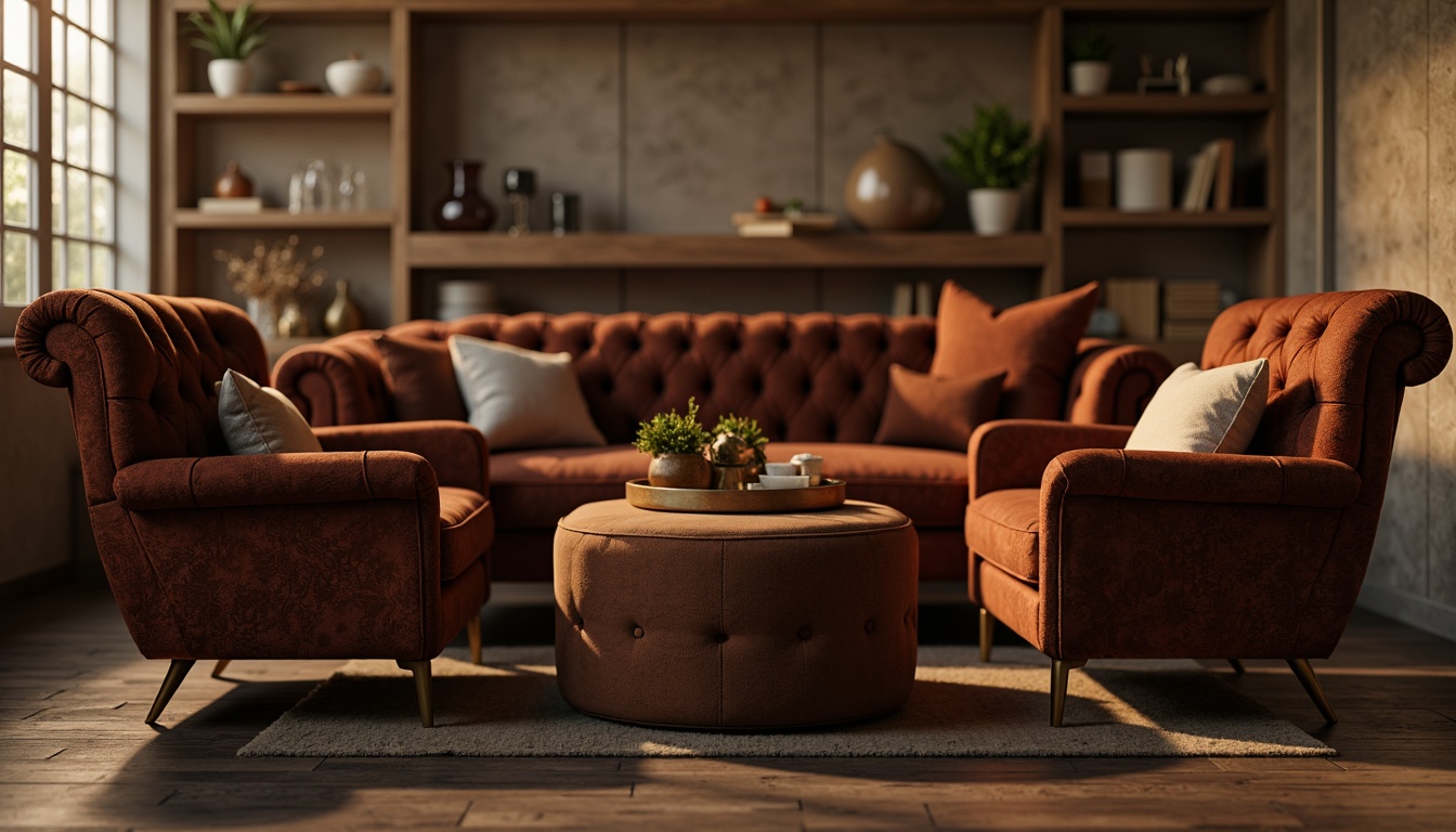 Prompt: Plush velvet sofa, soft cushioning, rich brown leather armchair, golden metal legs, elegant tufted upholstery, luxurious fabric textures, comfortable seating arrangement, warm cozy atmosphere, intimate conversation pit, rustic wooden floor, natural stone wall, earthy color palette, soft warm lighting, shallow depth of field, 3/4 composition, realistic textures, ambient occlusion.