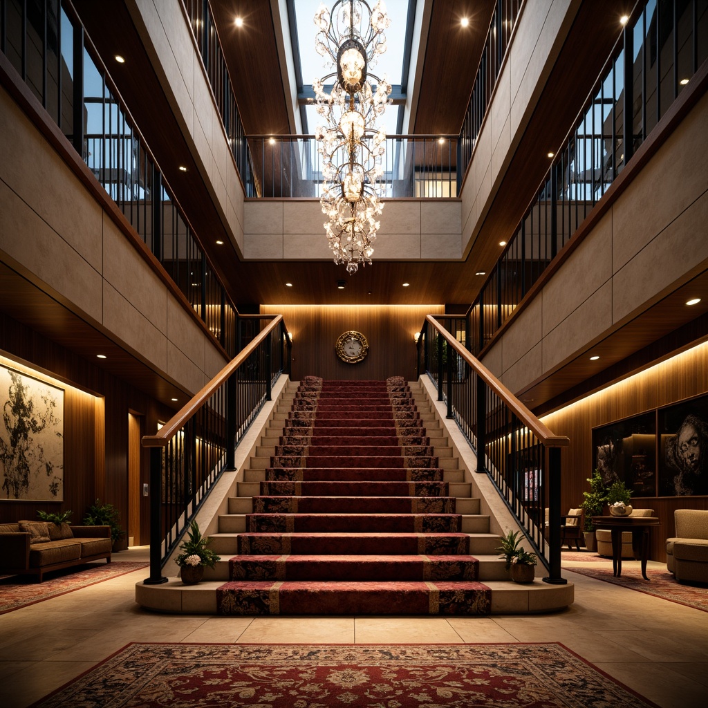 Prompt: Grand staircase, luxurious carpeted steps, polished wooden handrails, ornate metal balusters, crystal chandelier, opulent velvet upholstery, richly patterned rugs, contrasting stone and wood textures, sleek glass railings, modern minimalist aesthetic, atmospheric warm lighting, dramatic shadows, 3/4 composition, realistic material reflections.