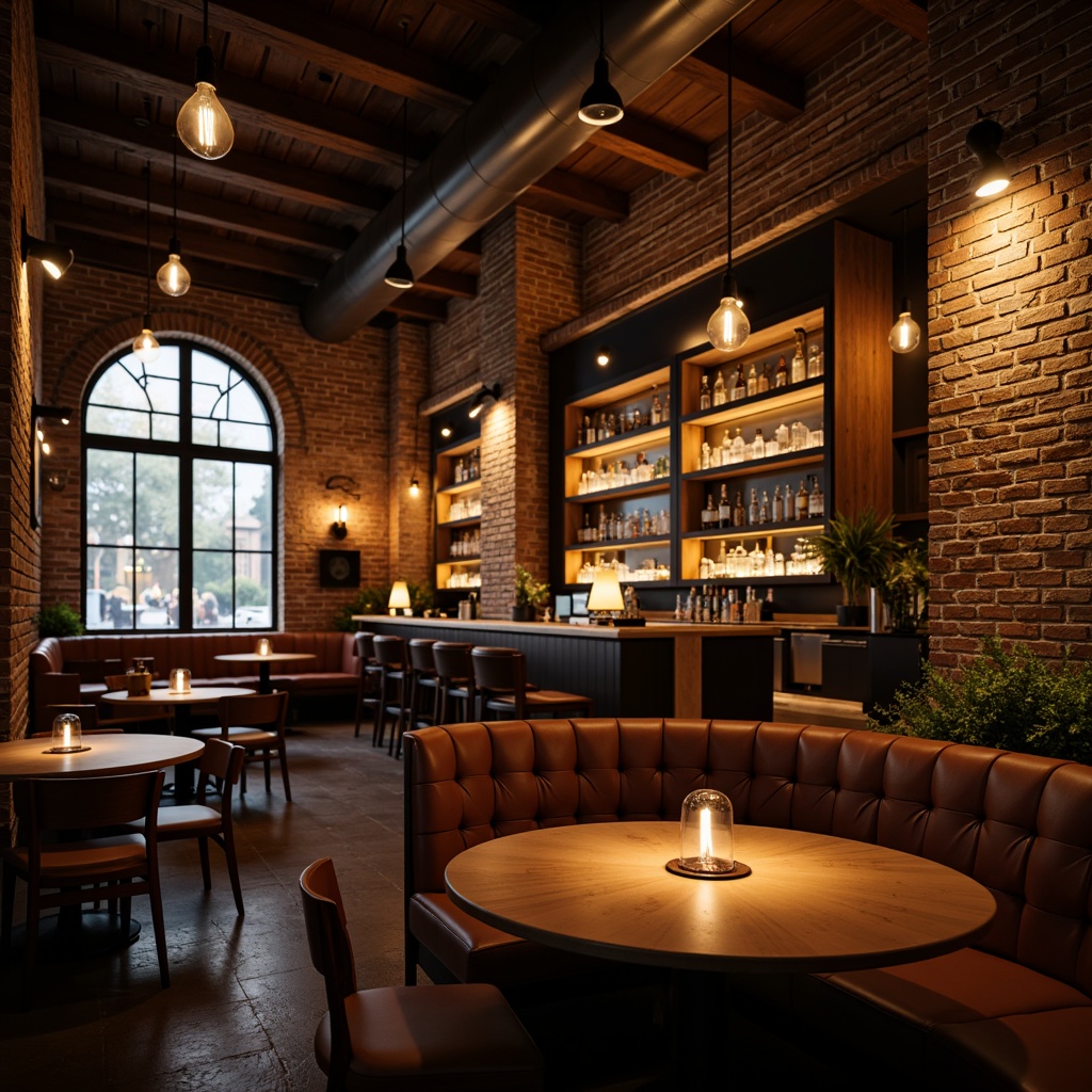 Prompt: Cozy bar interior, warm ambient lighting, metal pendant lamps, exposed brick walls, wooden accents, rich leather upholstery, modern minimalist decor, industrial-chic fixtures, Edison bulb chandeliers, matte black finishes, polished chrome details, subtle color palette, dramatic ceiling heights, urban loft atmosphere, soft warm glow, low-key backlighting, atmospheric shadows, 1/1 composition, realistic textures, ambient occlusion.