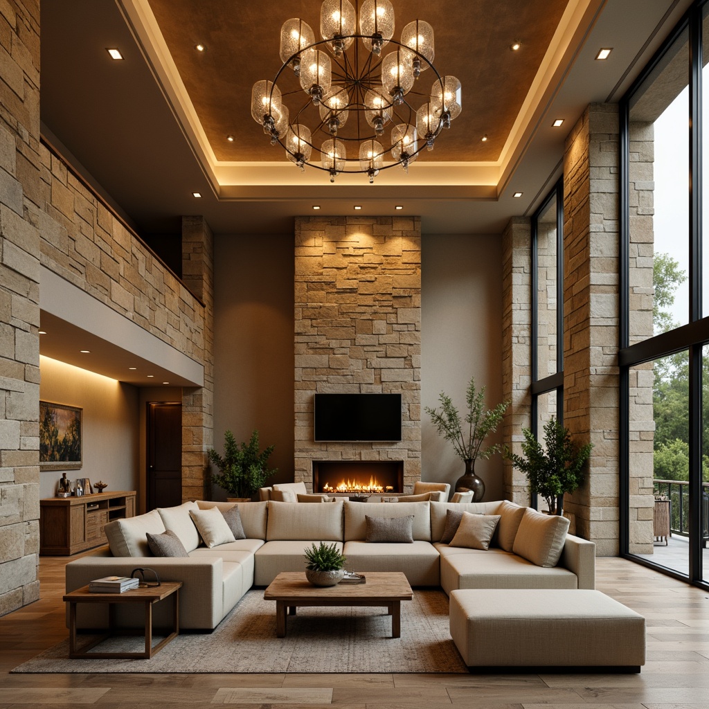 Prompt: Luxurious living room, stone-inspired walls, warm beige tones, ambient soft lighting, elegant chandeliers, crystal fixtures, floor-to-ceiling windows, natural textures, earthy color palette, rustic wooden accents, comfortable sofas, minimalist coffee tables, subtle backlighting, cozy atmosphere, shallow depth of field, 1/1 composition, realistic reflections, high-dynamic-range rendering.