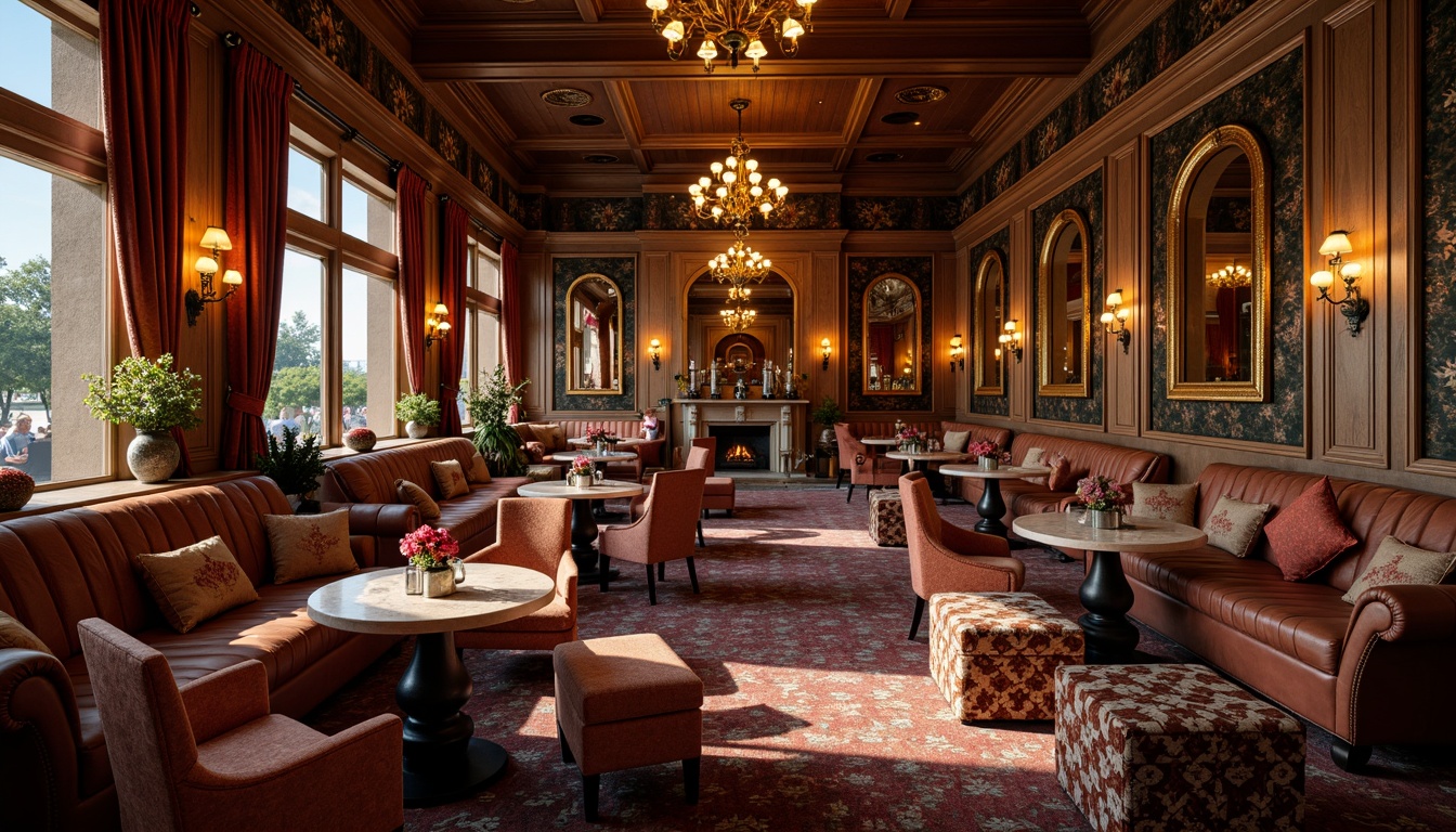 Prompt: Luxurious pub interior, rich wood tones, ornate furnishings, velvet drapes, intricate carvings, warm golden lighting, plush armchairs, Renaissance-inspired patterns, elegant upholstery fabrics, embroidered linens, tufted ottomans, gilded accents, ornamental mirrors, distressed leather sofas, vintage tapestries, rustic stone walls, cozy fireplaces, intimate seating areas, soft candlelight, 1/2 composition, warm color palette, realistic textures.