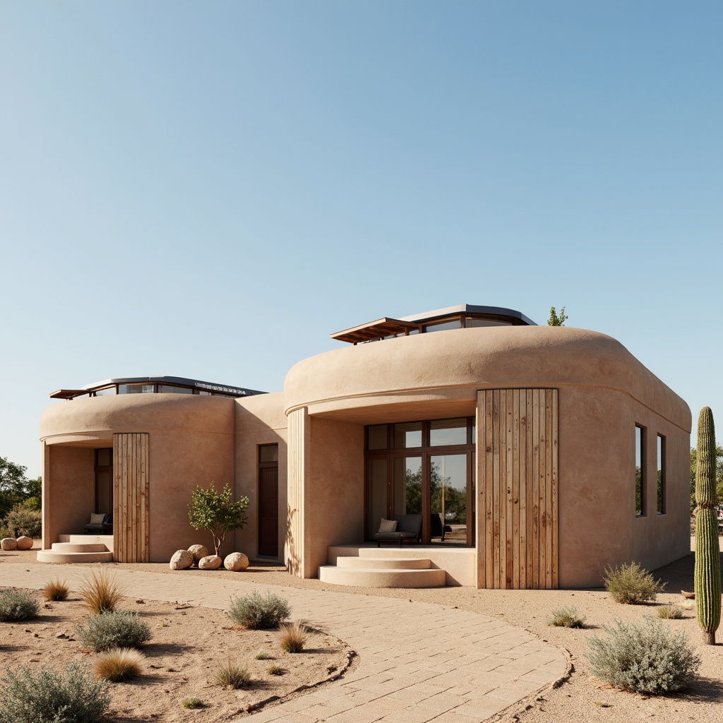 Prompt: Adobe earth-toned buildings, curved lines, organic shapes, large windows, clerestory windows, skylights, solar tubes, reflective metal roofs, rustic wood accents, natural stone walls, stucco exteriors, desert landscape, cactus plants, sandy dunes, hot sunny day, clear blue sky, vast open space, minimal shading devices, overhangs, cantilevers, horizontal lines, open floor plans, bright airy interiors, warm color palette, earthy textiles, woven fibers, natural materials, soft diffused lighting, high contrast ratio, 1/1 composition, realistic textures, ambient occlusion.