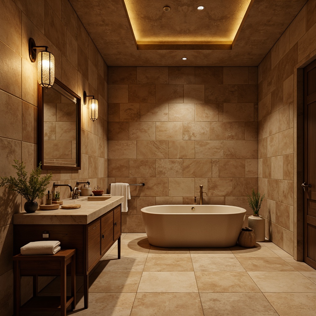 Prompt: Luxurious bathroom, warm brown stone walls, earthy tones, freestanding tub, ornate metal fixtures, soft golden lighting, minimalist decor, natural textures, marble countertops, wooden cabinetry, plush towels, elegant faucets, ambient mood lighting, shallow depth of field, 1/2 composition, realistic reflections, subtle color grading.