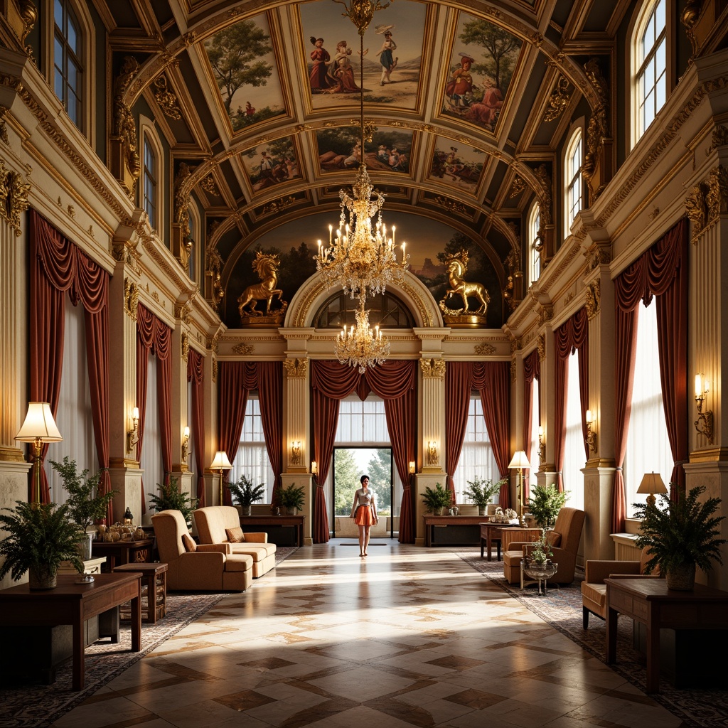 Prompt: Lavish train station, ornate golden accents, delicate fresco ceilings, intricate marble flooring, grand chandeliers, curved staircases, opulent furnishings, velvet drapes, gilded moldings, whimsical statues, Rococo-inspired architecture, soft warm lighting, dramatic shadows, shallow depth of field, 1/2 composition, realistic textures, ambient occlusion.