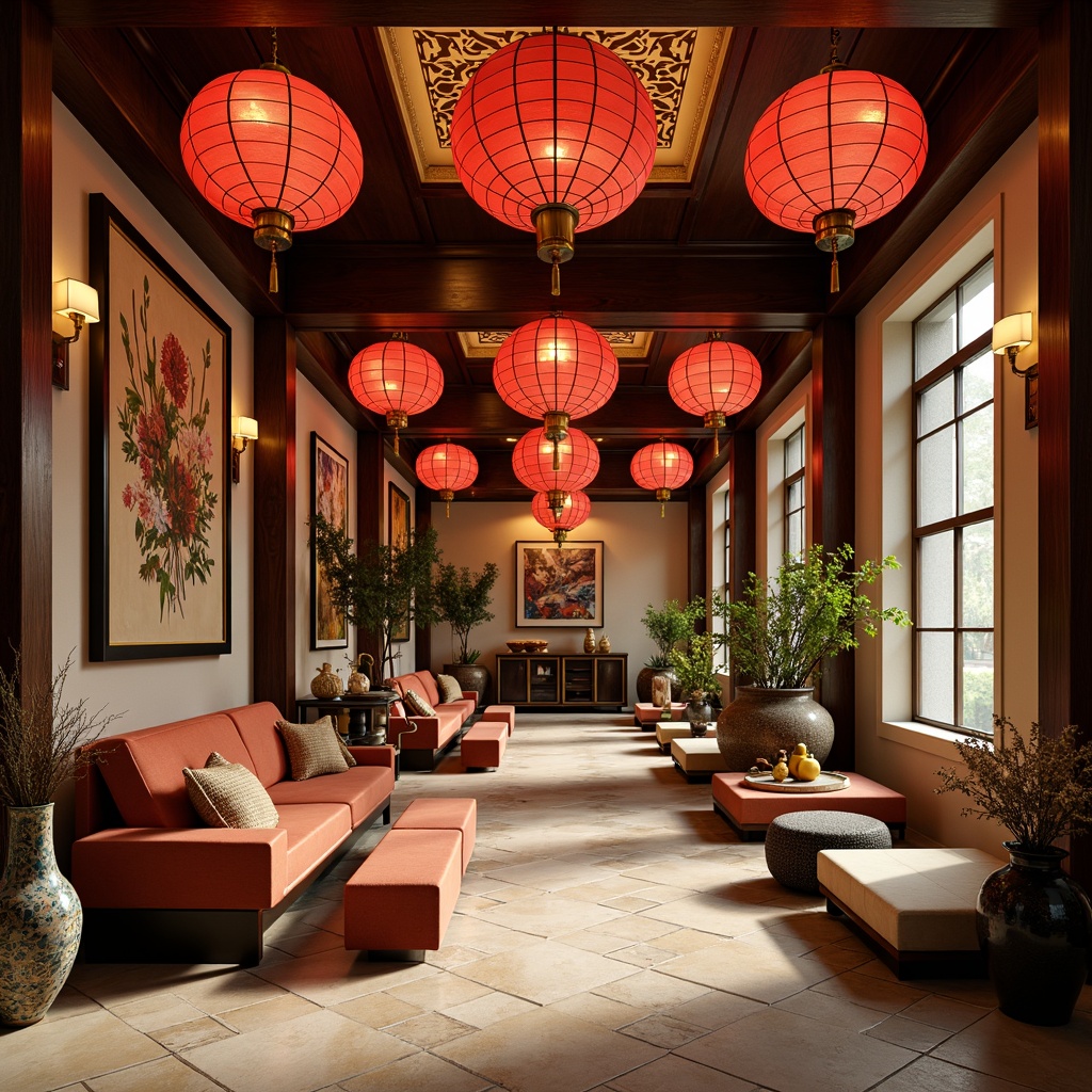 Prompt: Vibrant red lanterns, golden accents, rich wooden tones, intricately carved furnishings, delicate porcelain vases, oriental-inspired patterns, soft silk fabrics, warm beige walls, subtle cream colors, elegant black lacquerware, traditional Asian motifs, lively greenery, natural stone floors, dramatic ceiling fixtures, cozy intimate seating areas, warm soft lighting, shallow depth of field, 1/2 composition, harmonious color balance.