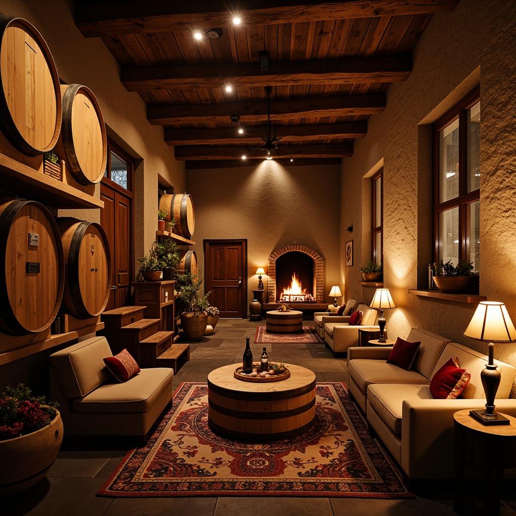 Prompt: Cozy winery interior, warm ambient lighting, rustic wooden barrels, vintage wine-making equipment, earthy tone walls, stone floors, intimate seating areas, plush couches, soft cushions, dimmable table lamps, candles, fireplaces, rich wood accents, natural textiles, woven baskets, grapevine-inspired decor, autumnal color palette, soft focus, shallow depth of field, 1/2 composition, warm golden hour lighting, atmospheric mist.