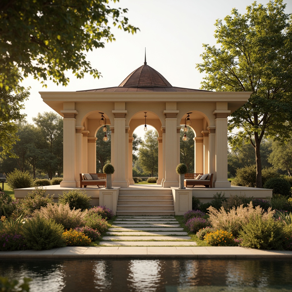 Prompt: Warm beige pavilion, soft creamy columns, rich wood accents, subtle bronze details, elegant arches, sophisticated lanterns, lush greenery surroundings, vibrant blooming flowers, serene water features, natural stone pathways, harmonious color palette, earthy tones, muted pastels, warm golden lighting, shallow depth of field, 3/4 composition, realistic textures, ambient occlusion.