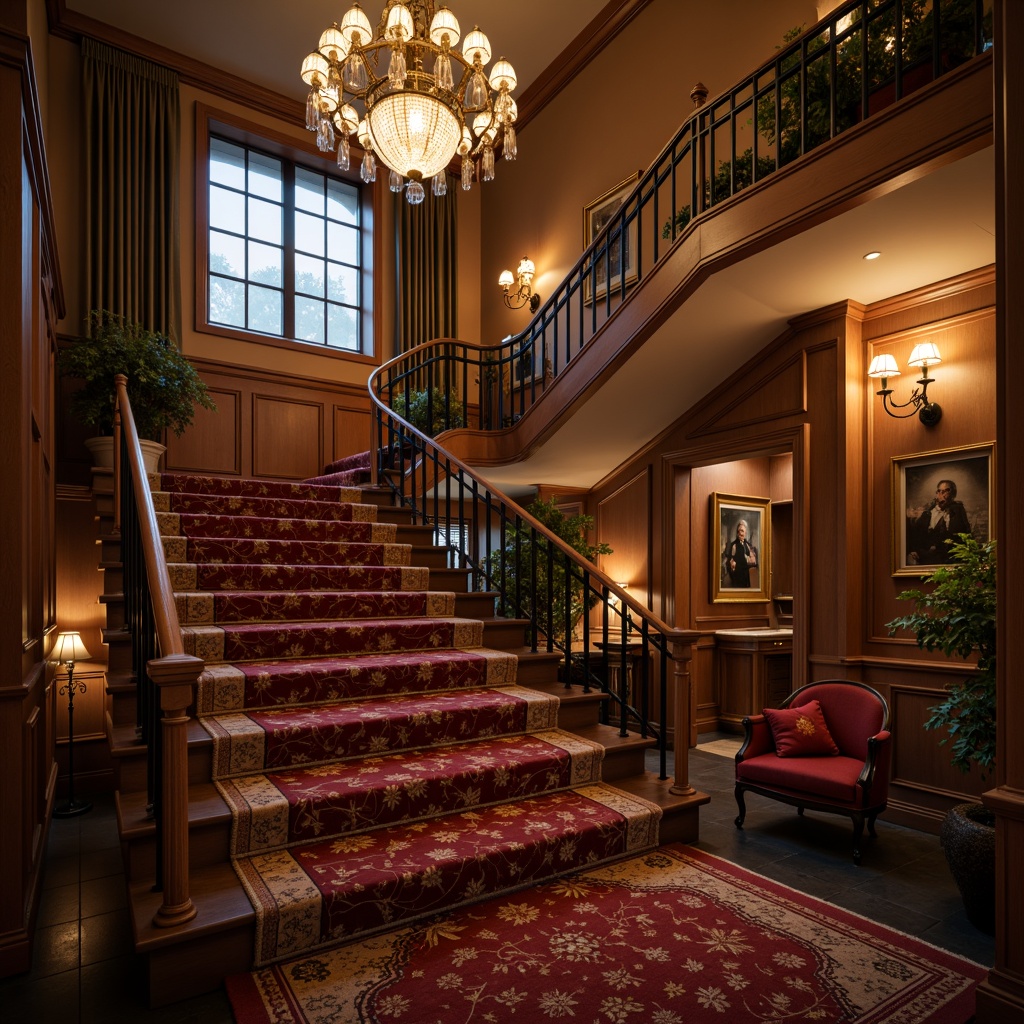 Prompt: Elegant staircase, luxurious carpeted steps, ornate metal railings, polished wooden handrails, refined balusters, sophisticated newel posts, lavish landing areas, opulent chandeliers, ambient warm lighting, rich wood tones, intricate carvings, subtle texture variations, 3/4 composition, shallow depth of field, soft focus effect.