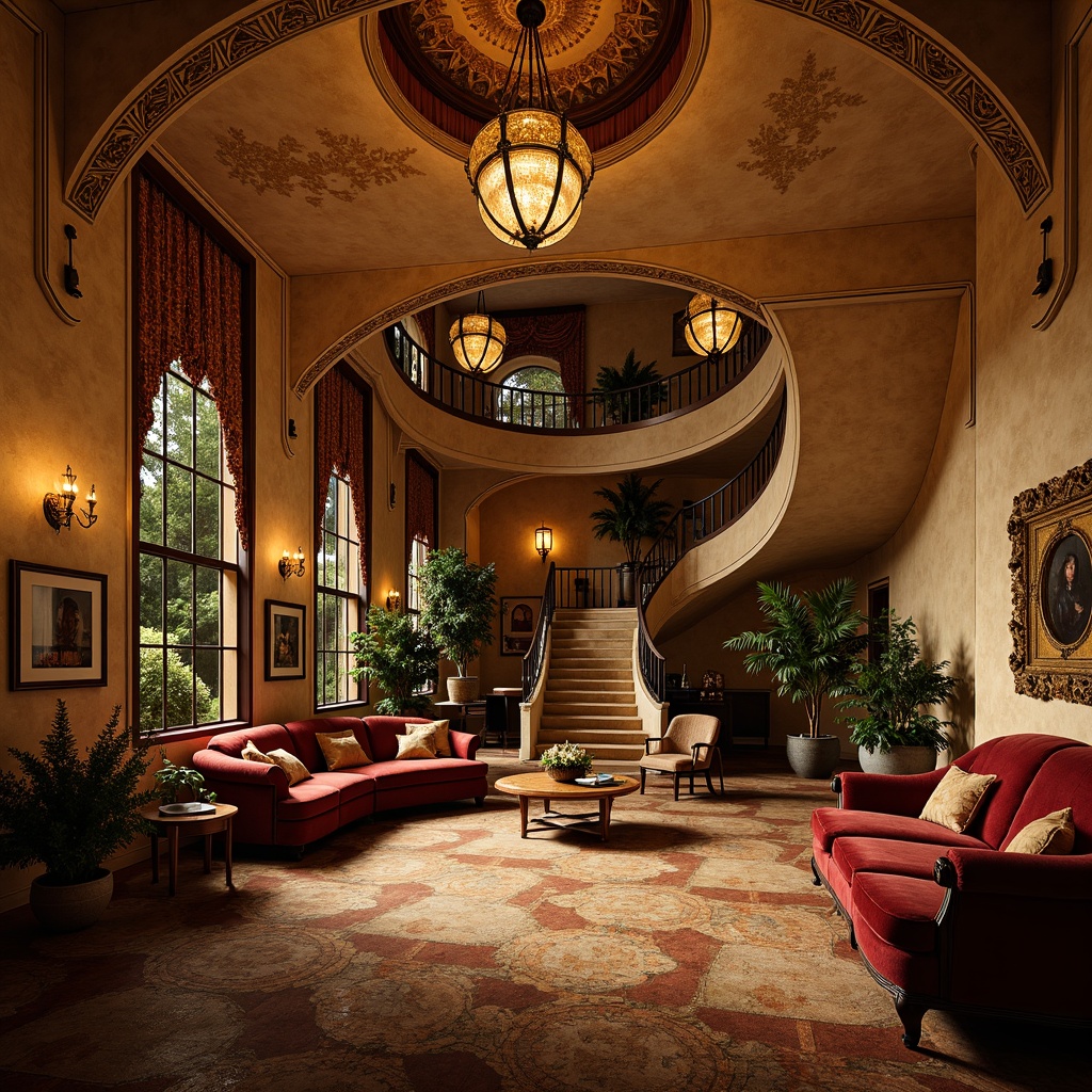 Prompt: Luxurious basement, ornate Art Nouveau style, curved lines, organic forms, flowing patterns, rich jewel tones, warm golden lighting, textured stucco walls, intricate mosaic tiles, decorative metalwork, sinuous wooden accents, plush velvet drapes, beaded chandeliers, vintage furniture pieces, ornamental mirrors, grand staircase, atmospheric shadows, soft focus blur, cinematic composition, detailed textures, ambient occlusion.