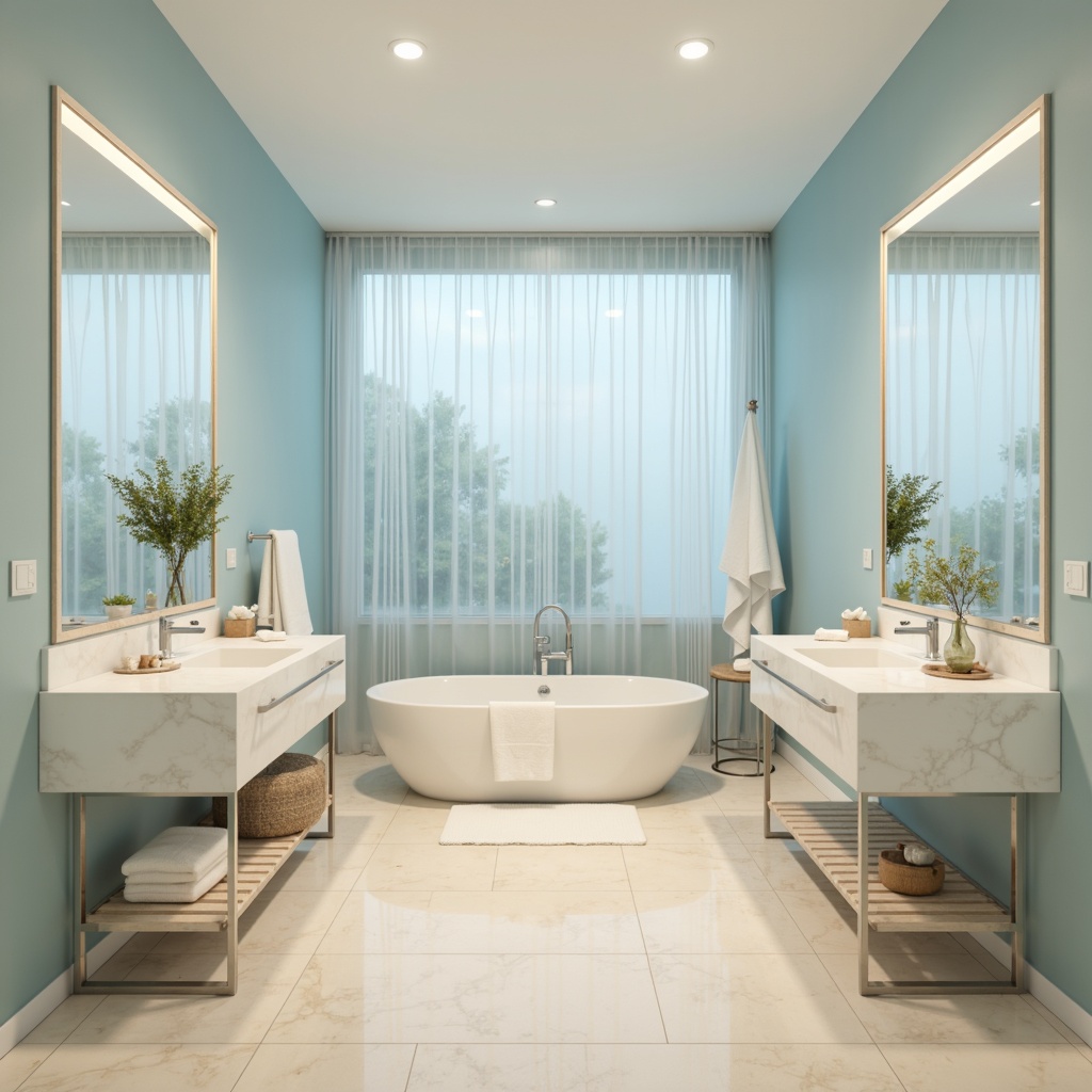 Prompt: Soft, calming bathroom ambiance, pastel blue walls, creamy white countertops, warm beige floors, elegant chrome fixtures, luxurious rainfall showerhead, freestanding tub, natural stone accents, subtle texture contrasts, softbox lighting, 1/1 composition, shallow depth of field, realistic reflections, ambient occlusion.