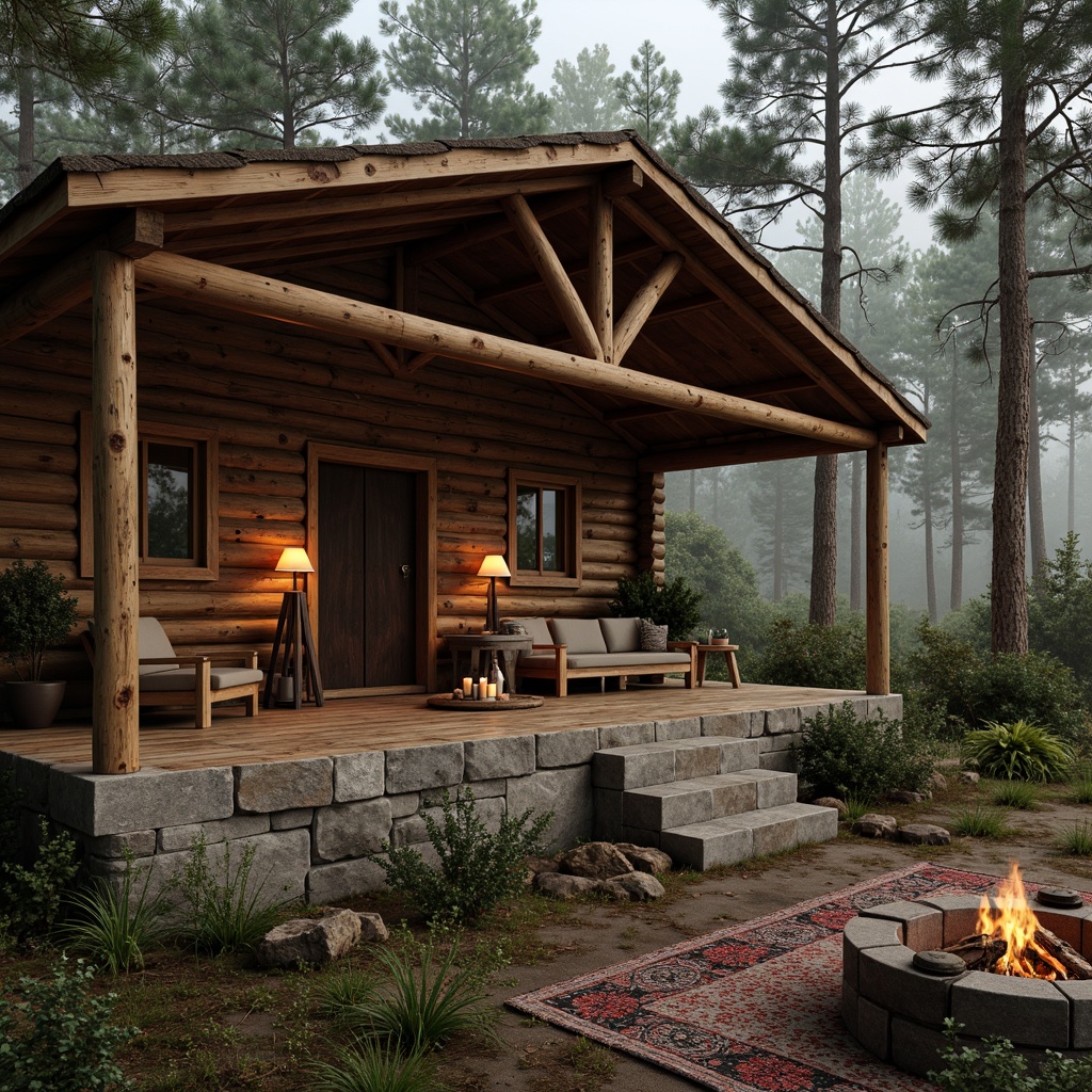 Prompt: Rustic wooden cabin, natural stone foundation, earthy color palette, distressed wood textures, vintage metal accents, cozy fireplace, plush furnishings, woven textiles, botanical patterns, warm candlelight, shallow depth of field, 1/1 composition, realistic renderings, ambient occlusion, forest surroundings, misty morning atmosphere, soft diffused light.