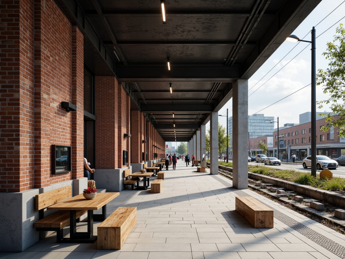 Prompt: Industrial-style bus station, exposed brick walls, metal beams, reclaimed wood benches, minimalist lighting fixtures, urban landscape, bustling streets, morning commute, natural stone flooring, steel framework, modern industrial design, bold color accents, geometric patterns, concrete columns, functional layout, efficient traffic flow, comfortable waiting areas, dynamic architecture, dramatic shadows, high-contrast lighting, 1/2 composition, wide-angle lens, realistic materials, ambient occlusion.