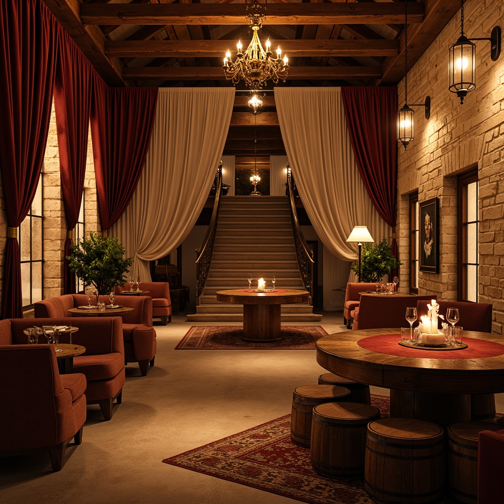 Prompt: Warm golden lighting, rustic wooden accents, soft velvet drapes, ornate metal chandeliers, distressed stone walls, vintage wine barrels, intimate cozy atmosphere, lavish VIP areas, rich red fabrics, crystal glassware, candlelit tables, warm beige flooring, antique furniture pieces, grand staircase, luxurious textiles, dramatic archways, subtle color palette, soft focus lighting, cinematic mood, 1/2 composition, atmospheric misting effects, realistic shadow rendering.