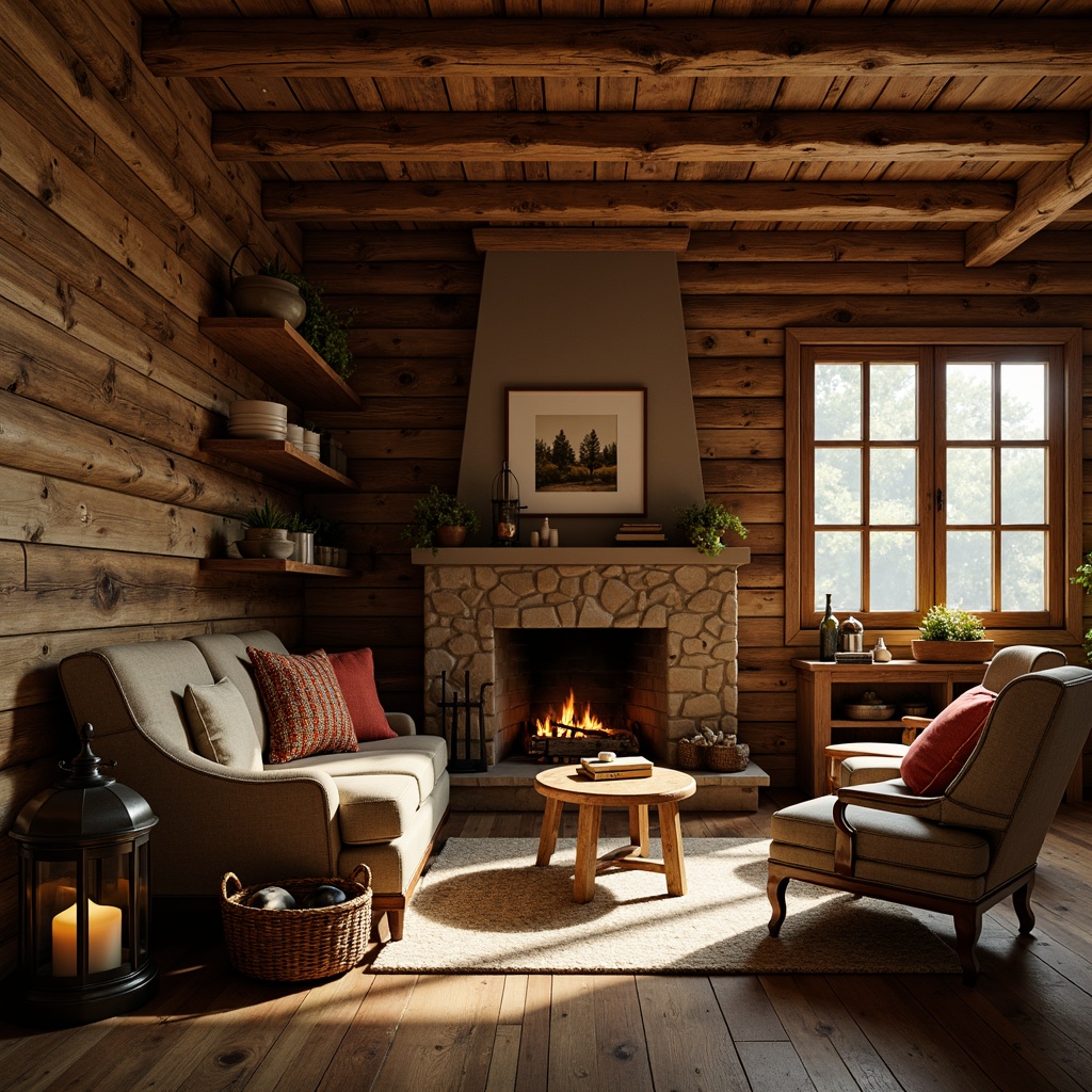 Prompt: Cozy cabin-style interior, rustic wooden furniture, distressed wood textures, earthy color palette, natural stone fireplace, vintage metal lanterns, plush throw blankets, woven baskets, wooden wall paneling, traditional craftsmanship, ornate carvings, warm golden lighting, shallow depth of field, 2/3 composition, realistic wood grain, ambient occlusion.