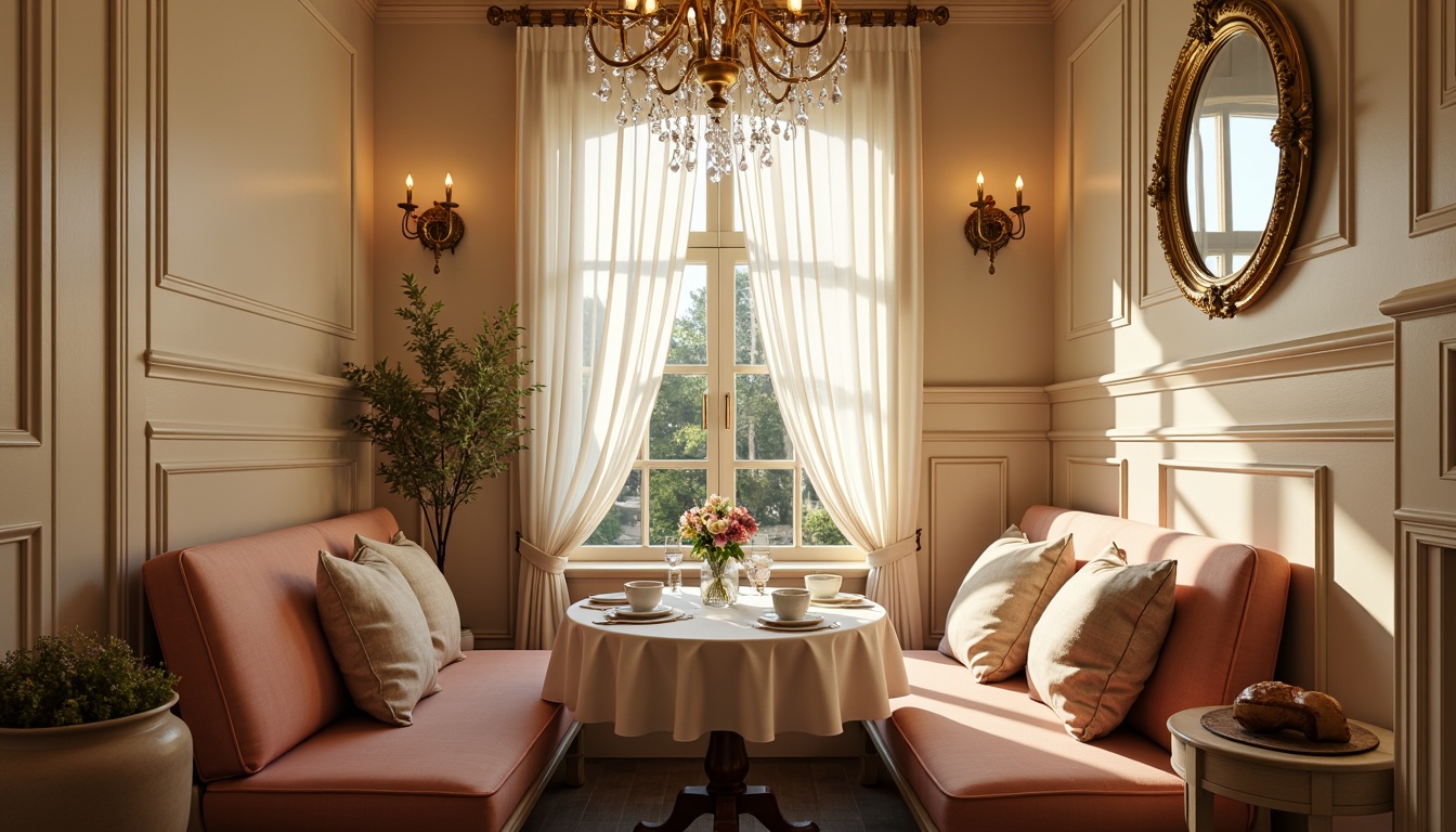 Prompt: Intimate breakfast nook, ornate gold fixtures, soft warm lighting, crystal chandeliers, delicate candlelight, gentle morning sunlight, cream-colored walls, rich wood accents, intricate carvings, plush velvet upholstery, elegant curved lines, pastel color palette, French-inspired decor, cozy window seats, sheer curtains, subtle shadows, warm color temperature, shallow depth of field, 1/1 composition.