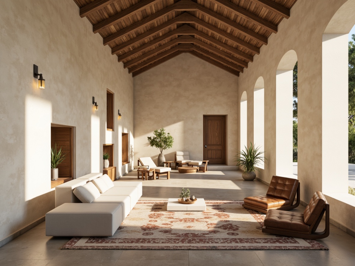 Prompt: Minimalist monastery interior, cream-colored stone walls, wooden accents, vaulted ceilings, arched windows, serene atmosphere, modern furniture design, sleek lines, low-profile sofas, tufted leather armchairs, reclaimed wood coffee tables, geometric-patterned rugs, industrial-chic metal lighting, soft warm glow, natural textures, organic shapes, 3/4 composition, shallow depth of field, realistic renderings.