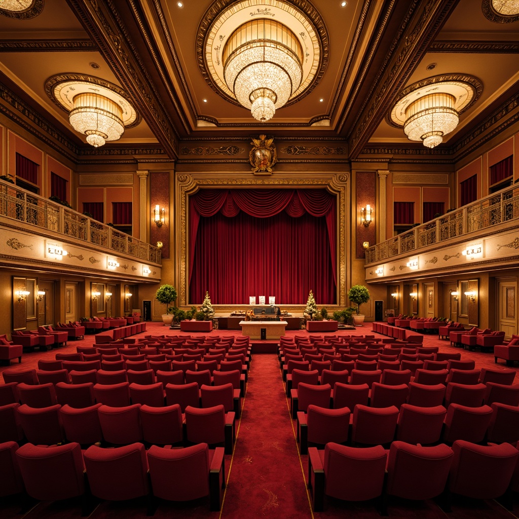 Prompt: Ornate auditorium, rich wood paneling, velvet curtains, golden chandeliers, intricate moldings, plush red seating, traditional architecture, grand entrance, sweeping staircases, ornamental railings, acoustic panels, sound-absorbing materials, precise speaker placement, crystal clear audio, warm soft lighting, 1/2 composition, realistic textures, ambient occlusion.