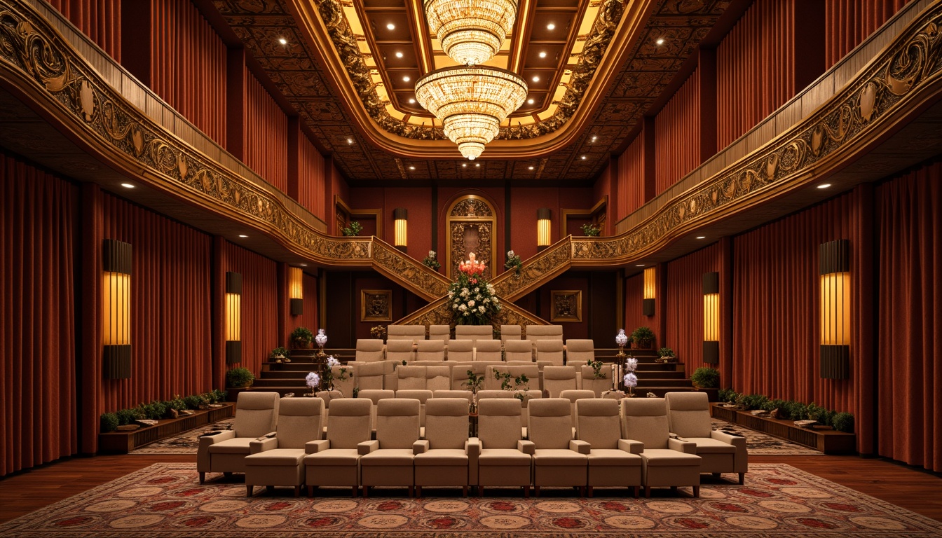 Prompt: Elegant Art Nouveau auditorium, ornate decorative details, flowing organic lines, luxurious velvet curtains, rich wooden paneling, intricate moldings, grand chandeliers, acoustic soundproofing materials, diffusers, absorbers, bass traps, fabric-wrapped panels, geometric patterned rugs, plush seating areas, warm golden lighting, soft ambient glow, shallow depth of field, 1/2 composition, realistic textures, subtle ambient occlusion.