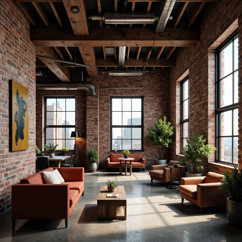 Prompt: Exposed brick walls, metal beams, reclaimed wood accents, industrial-style lighting fixtures, distressed finishes, urban loft atmosphere, modern minimalist decor, bold color schemes, abstract artwork, geometric patterns, rugged textures, metallic tones, Edison bulbs, exposed ductwork, concrete floors, industrial-chic furniture, functional decor, raw edges, urban landscape views, dramatic shadows, high-contrast lighting, 1/1 composition, cinematic mood, gritty realism.