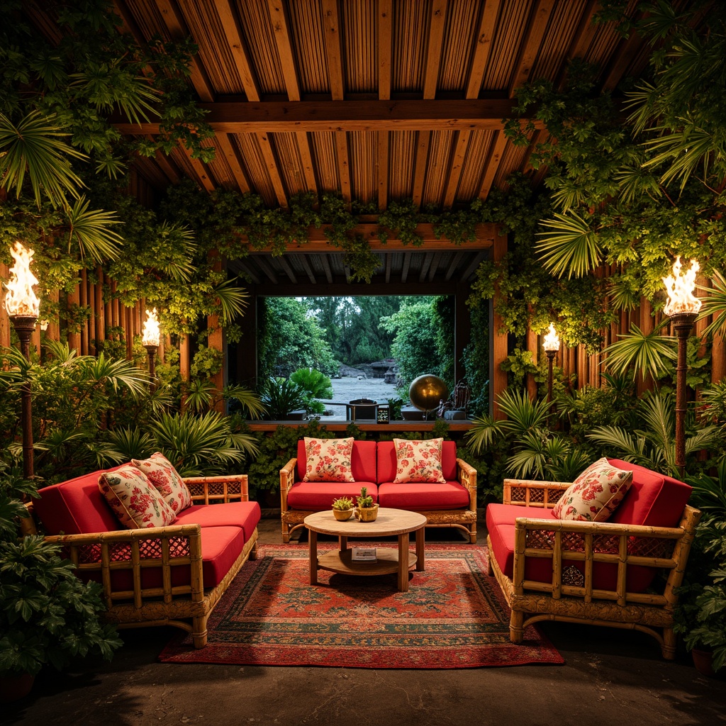 Prompt: Vibrant tropical theater, lush greenery, exotic flowers, natural wood accents, woven rattan furniture, colorful tiki torches, bamboo seating, curved lines, organic shapes, plush cushions, vibrant textiles, ethnic patterns, ambient lighting, warm glow, shallow depth of field, 3/4 composition, panoramic view, realistic textures, ambient occlusion.