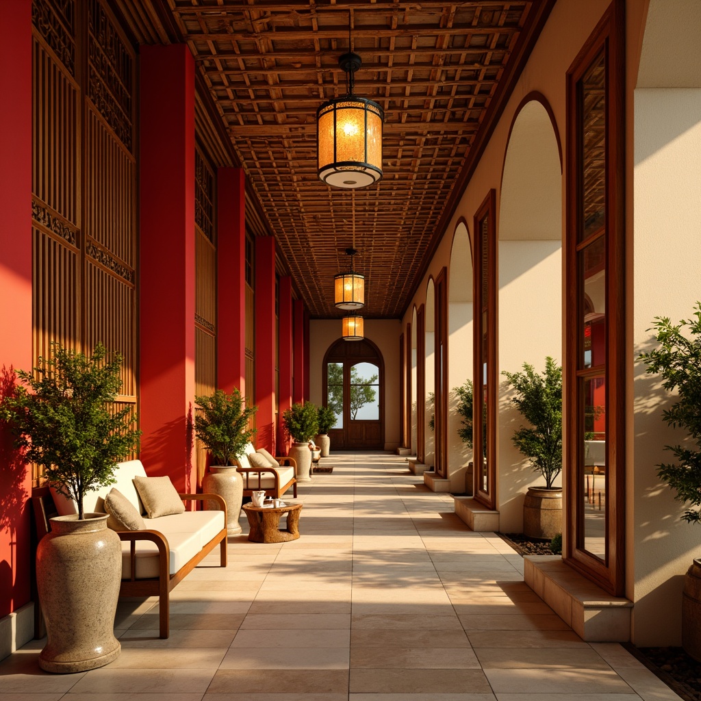 Prompt: Warm golden lighting, rich wooden accents, intricate carvings, delicate lanterns, vibrant red and gold color scheme, traditional Asian patterns, natural stone flooring, ornate ceramic vases, lush greenery, soft silk fabrics, elegant curved lines, minimalist modern touches, warm beige walls, subtle cream tones, ambient warm glow, 1/2 composition, shallow depth of field, realistic textures, ambient occlusion.