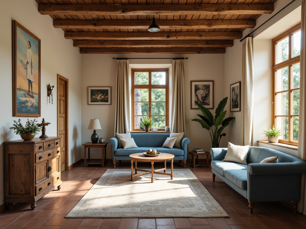 Prompt: Rustic French country interior, distressed wood accents, soft cream walls, vintage furniture, ornate metalwork, faded blue upholstery, natural linen fabrics, earthy terracotta floors, warm golden lighting, subtle texture overlays, shallow depth of field, 1/2 composition, realistic renderings, ambient occlusion.