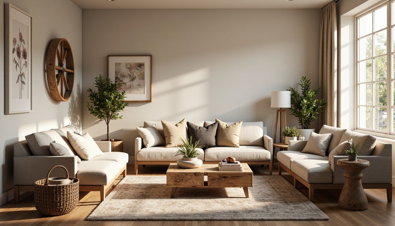 Prompt: Cozy living room, plush sofas, velvet armchairs, wooden coffee tables, rustic side tables, woven baskets, soft cushions, pastel-colored walls, warm lighting, Scandinavian-inspired decor, minimalist metal frames, comfortable sectionals, oversized pillows, natural fiber rugs, earthy tones, inviting ambiance, relaxed seating arrangement, 1/1 composition, soft focus, atmospheric lighting.