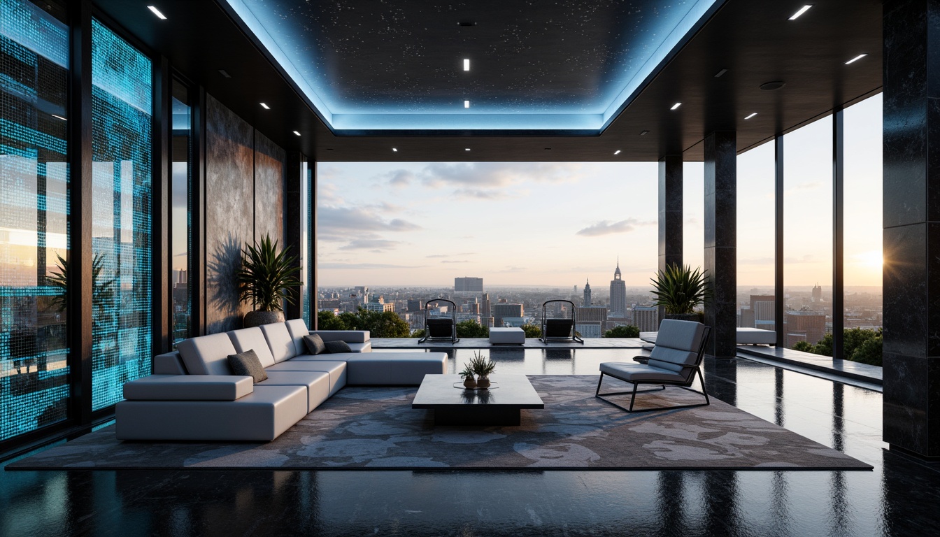 Prompt: Futuristic villa interior, metallic silver accents, neon blue highlights, iridescent glass surfaces, glossy black marble floors, soft ambient lighting, minimalist furniture design, sleek low-profile sofas, geometric patterned rugs, avant-garde artwork, holographic decorative screens, virtual reality integration, spacious open-plan living areas, floor-to-ceiling windows, cityscape views, modernist architecture, urban landscape backdrop, warm golden hour light, shallow depth of field, 1/2 composition, cinematic color grading.