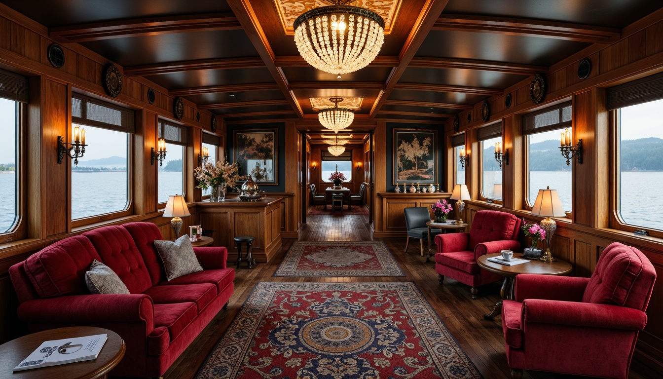 Prompt: Opulent boathouse, lavish furnishings, antique wooden accents, velvet upholstery, gilded frames, crystal chandeliers, ornate mirrors, rich textiles, distressed finishes, nautical artifacts, vintage navigation instruments, luxurious sofas, plush armchairs, wooden paneling, carved wooden decorations, intricate patterns, soft warm lighting, dramatic shadows, 1/1 composition, intimate atmosphere, realistic reflections.