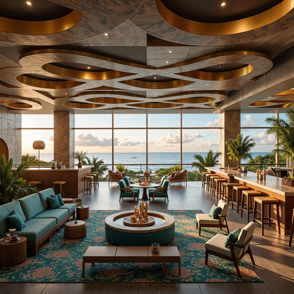 Prompt: Coastal casino interior, ocean-inspired decor, driftwood furniture, coral-patterned rugs, aqua-blue accents, wave-shaped ceilings, beachy vibe, plush lounge seating, metallic gold lighting, marble countertops, tropical plants, natural stone walls, floor-to-ceiling windows, breathtaking ocean views, warm sunset ambiance, soft golden lighting, 1/2 composition, realistic textures, ambient occlusion.