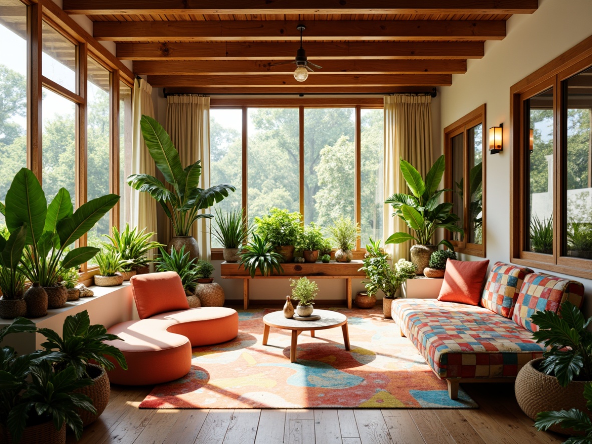 Prompt: Vibrant sunroom interior, warm natural light, lush greenery, exotic plants, wooden flooring, minimalist decor, expressive color palette, bold brushstroke patterns, whimsical furniture shapes, abstract art pieces, eclectic textiles, playful lighting fixtures, cozy reading nooks, panoramic views, sliding glass doors, outdoor connections, organic architecture, curved lines, natural materials, earthy tones, warm ambiance, soft focus, 1/1 composition, impressionist atmosphere.