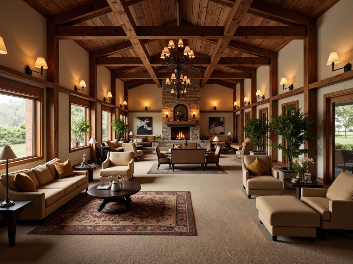 Prompt: Cozy hotel lobby, rich wood tones, warm beige walls, plush carpeting, comfortable seating areas, rustic stone fireplaces, vintage decorative lighting, natural textiles, earthy color palette, exposed wooden beams, reclaimed wood accents, ornate metalwork, elegant chandeliers, luxurious fabrics, soft warm lighting, intimate ambiance, 1/1 composition, realistic textures, ambient occlusion.