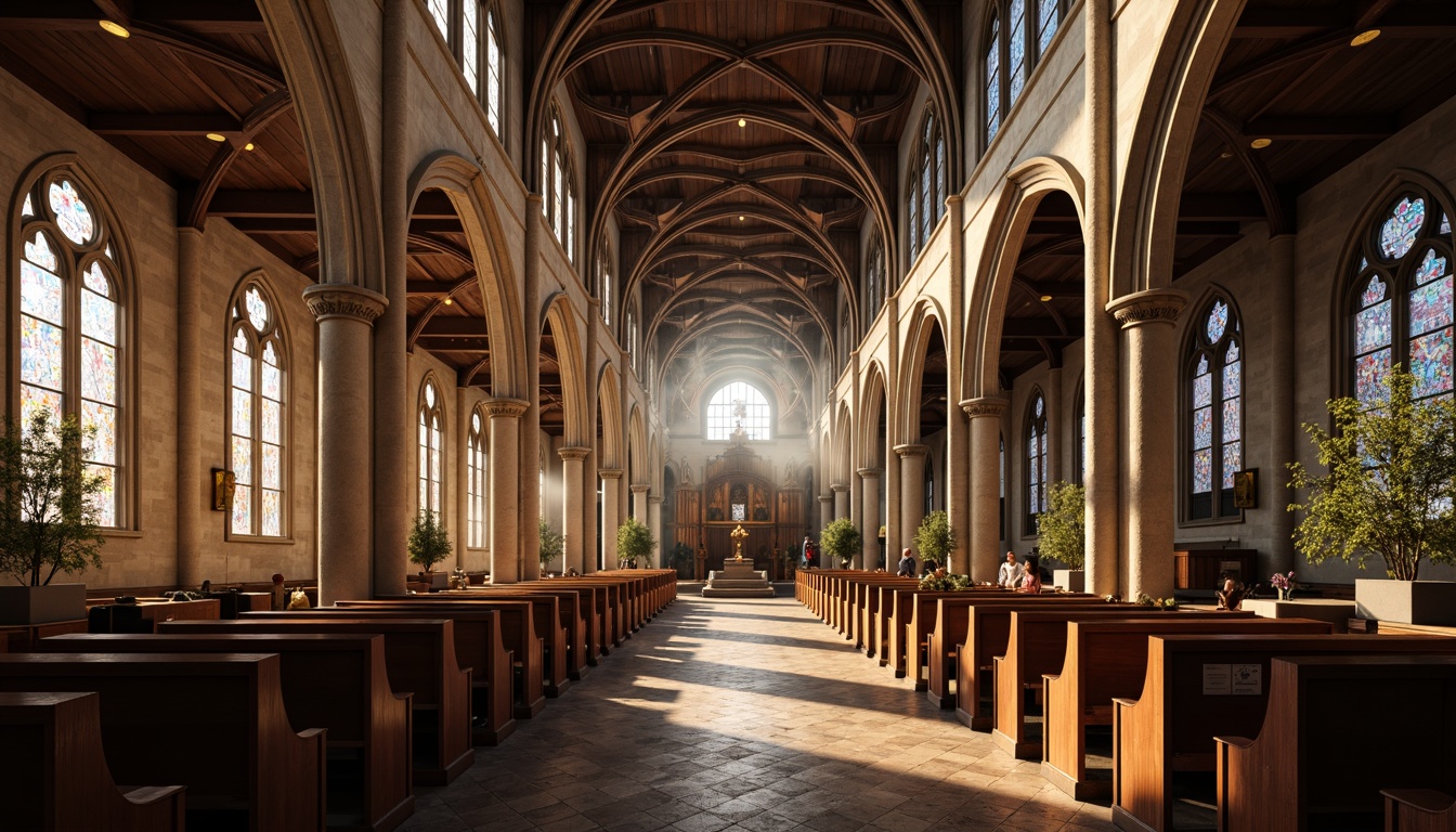 Prompt: \Elegant Gothic cathedral, vaulted ceilings, ribbed arches, stunning stained glass windows, intricate stone carvings, ornate furnishings, rich wood tones, acoustic panels integrated into walls, sound-absorbing materials, subtle ambient lighting, warm golden hues, cozy atmosphere, 1/1 composition, soft focus, realistic textures, atmospheric mist.\