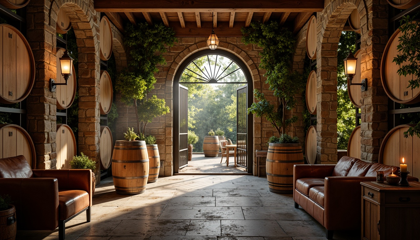 Prompt: Rustic winery, vintage wooden barrels, elegant stone walls, earthy tones, lush green vines, ornate metal gates, classic French doors, distressed wood floors, rich leather furnishings, warm candlelight, soft golden lighting, shallow depth of field, 1/2 composition, atmospheric mist, realistic textures, ambient occlusion.