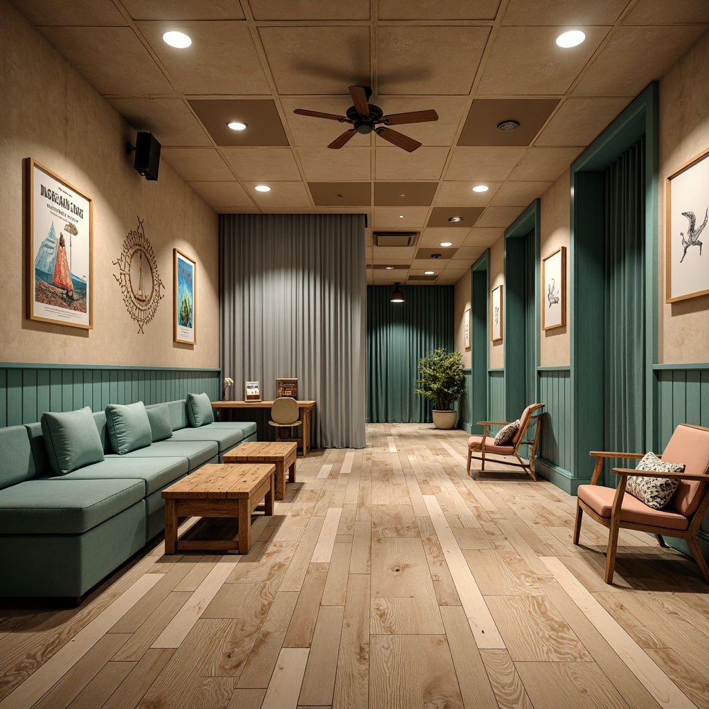 Prompt: Coastal cinema interior, driftwood flooring, weathered planks, distressed finishes, ocean-inspired color palette, soft beige tones, calming turquoise accents, rustic wooden benches, nautical-themed decorations, vintage movie posters, dimmable warm lighting, cinematic ambiance, intimate seating areas, plush velvet curtains, state-of-the-art sound systems, acoustic paneling, minimalist decor, natural textures, organic patterns.