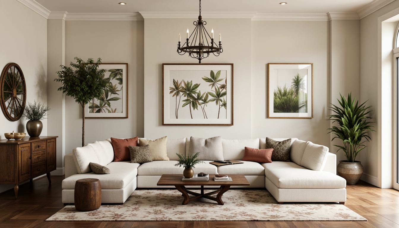 Prompt: Elegant living room, neutral color palette, plush sectional sofa, accent pillows, patterned rugs, wooden coffee table, ornate metal legs, modern chandelier, cream-colored walls, rich wood tones, decorative mirrors, metallic frames, botanical prints, natural textiles, soft warm lighting, 1/1 composition, shallow depth of field, realistic textures, ambient occlusion.