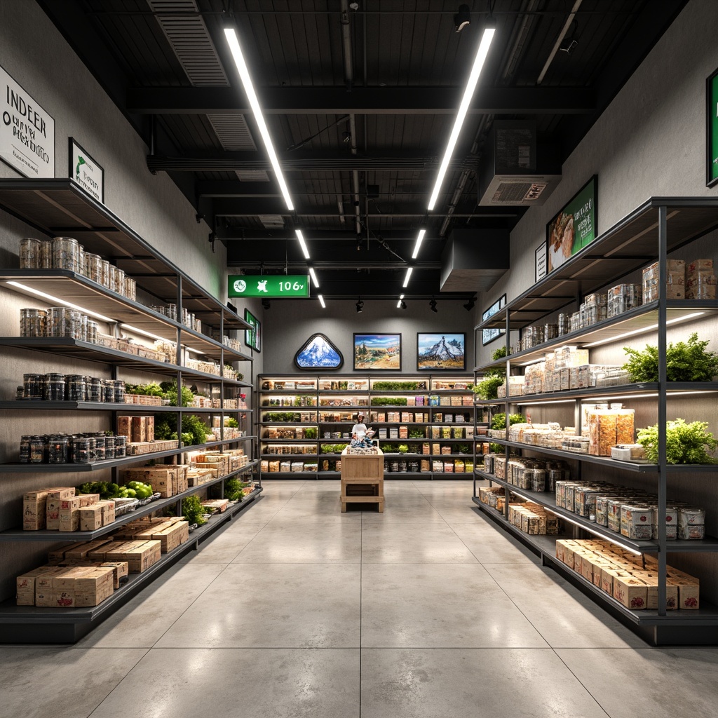 Prompt: Modern grocery store interior, minimalist aesthetic, sleek metal shelving systems, industrial-style lighting, polished concrete floors, neutral color palette, geometric-shaped displays, cantilevered shelves, adjustable storage units, transparent glass containers, label-less packaging, eco-friendly signage, LED light strips, 3/4 composition, shallow depth of field, panoramic view, realistic textures, ambient occlusion.