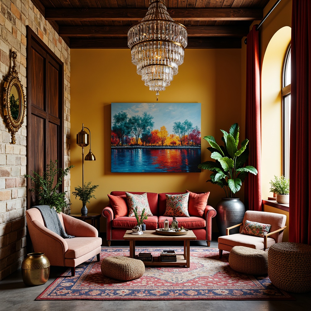 Prompt: Vibrant bohemian interior, rich velvet fabrics, bold graphic prints, antique furniture pieces, ornate metallic accents, distressed wooden textures, eclectic artwork collections, colorful Moroccan tiles, plush area rugs, dramatic crystal chandeliers, oversized decorative mirrors, layered window treatments, mix-and-match patterns, global-inspired accessories, luxurious faux fur throws, industrial metal lighting fixtures, abstract expressionist paintings, lush greenery, natural stone walls, warm golden lighting, shallow depth of field, 1/1 composition, cinematic camera angles.