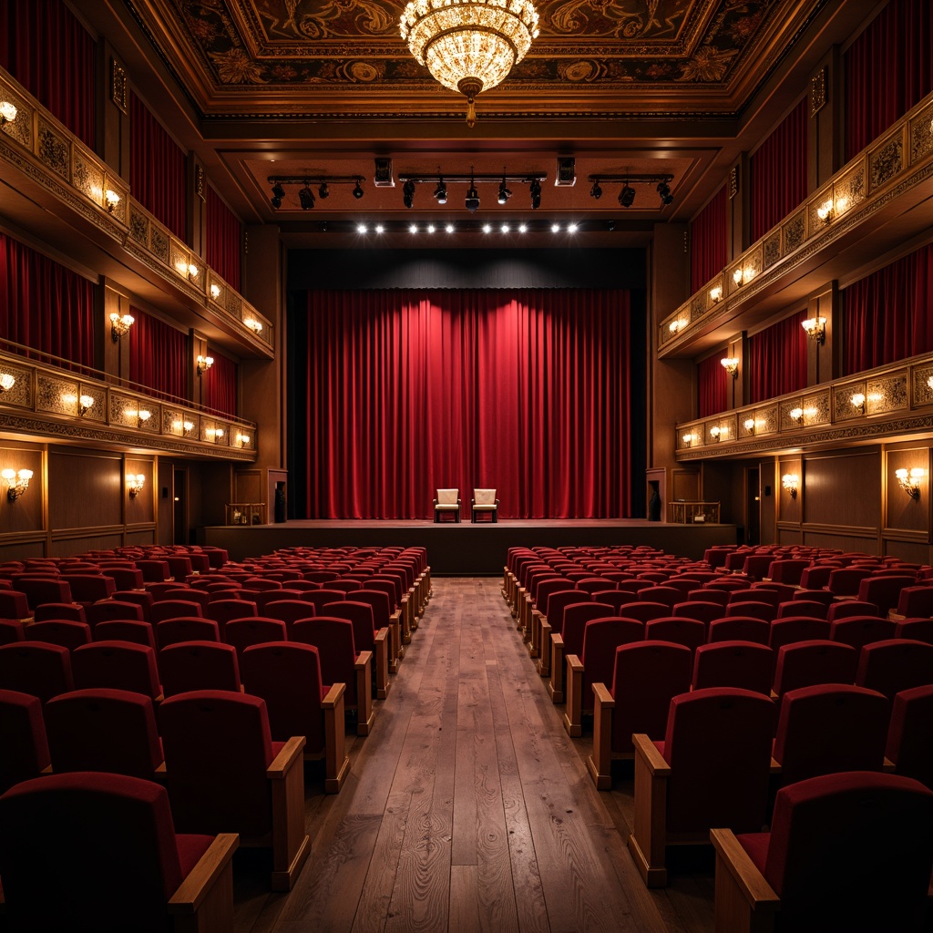 Prompt: \Elegant theater interior, comfortable seating layout, plush velvet chairs, wooden floorboards, grand stage presence, crimson red curtains, subtle ambient lighting, soft warm glow, shallow depth of field, 1/1 composition, panoramic view, realistic textures, ambient occlusion, ornate chandeliers, luxurious fabrics, intricate architectural details, refined color palette, sophisticated atmosphere.\